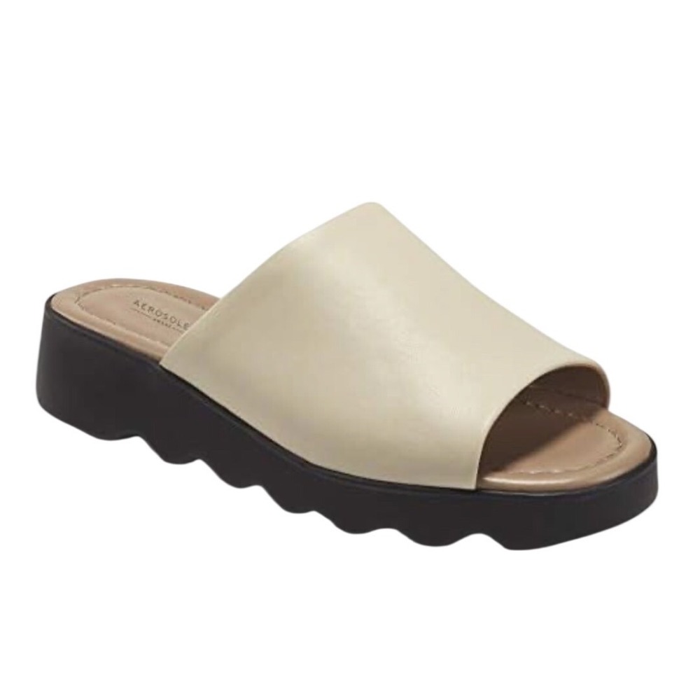 Aerosoles Womens Wanza Wedge Sandal Cream Leather Slip On Comfort Shoes 10